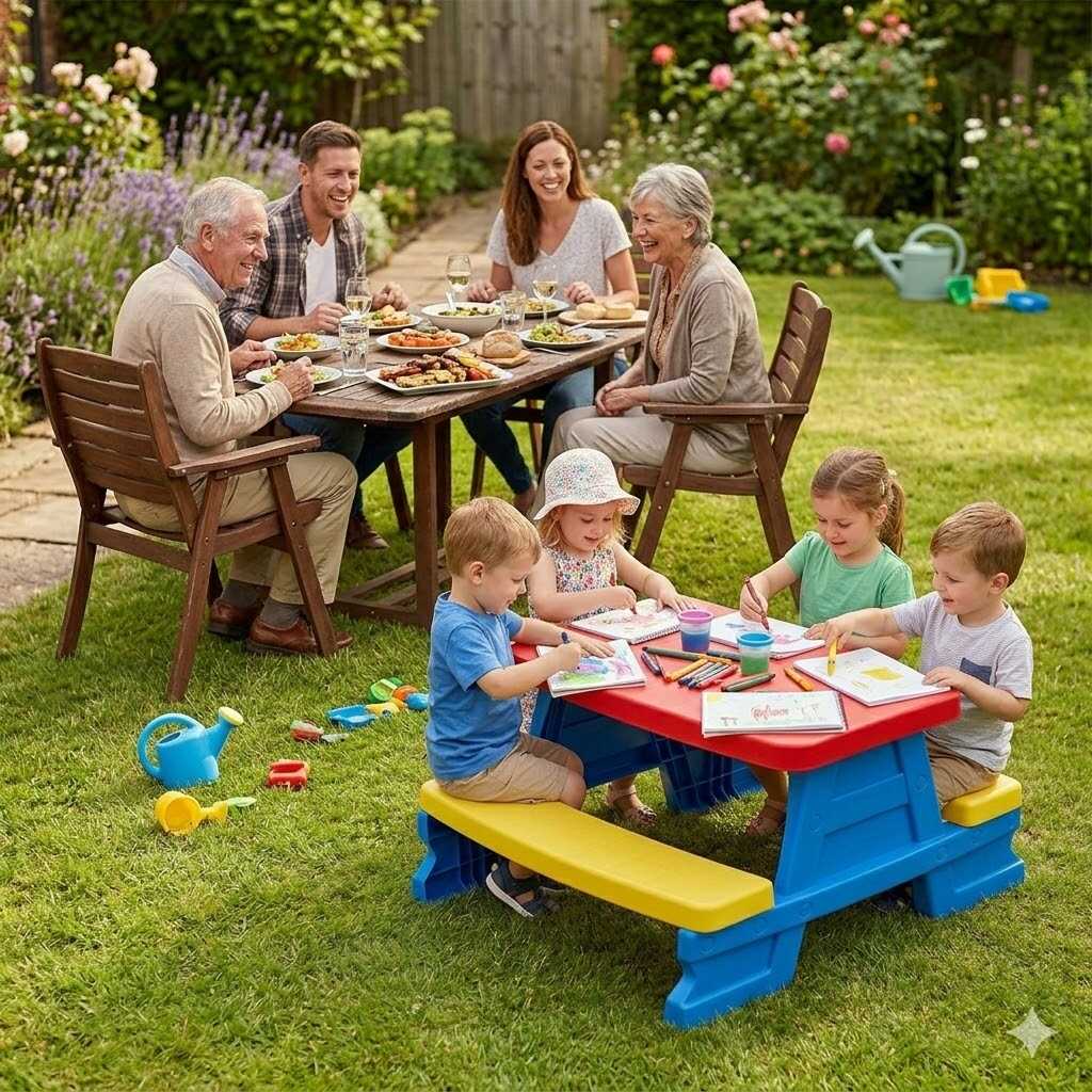 Kültéri,Beltéri műanyag gyermek piknik asztal két paddal 70×79×47 cm