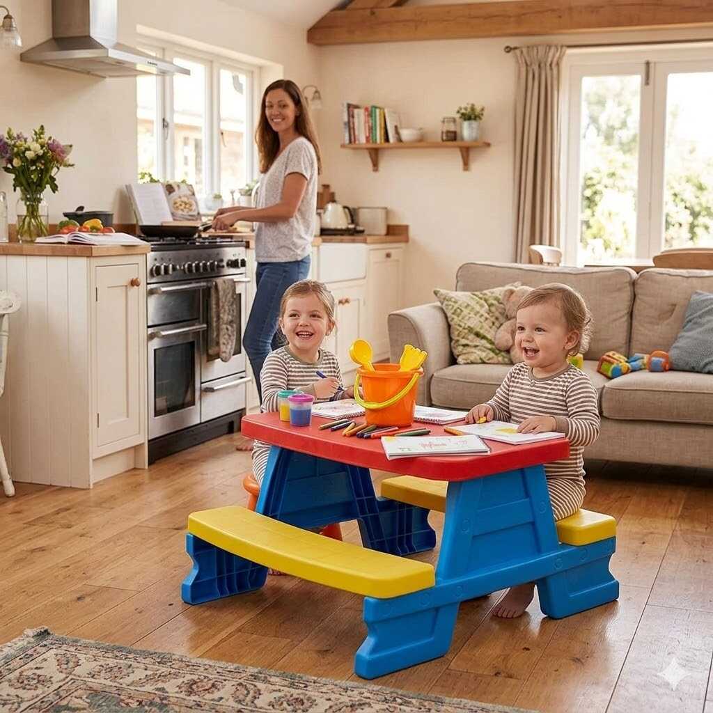 Kültéri,Beltéri műanyag gyermek piknik asztal két paddal 70×79×47 cm