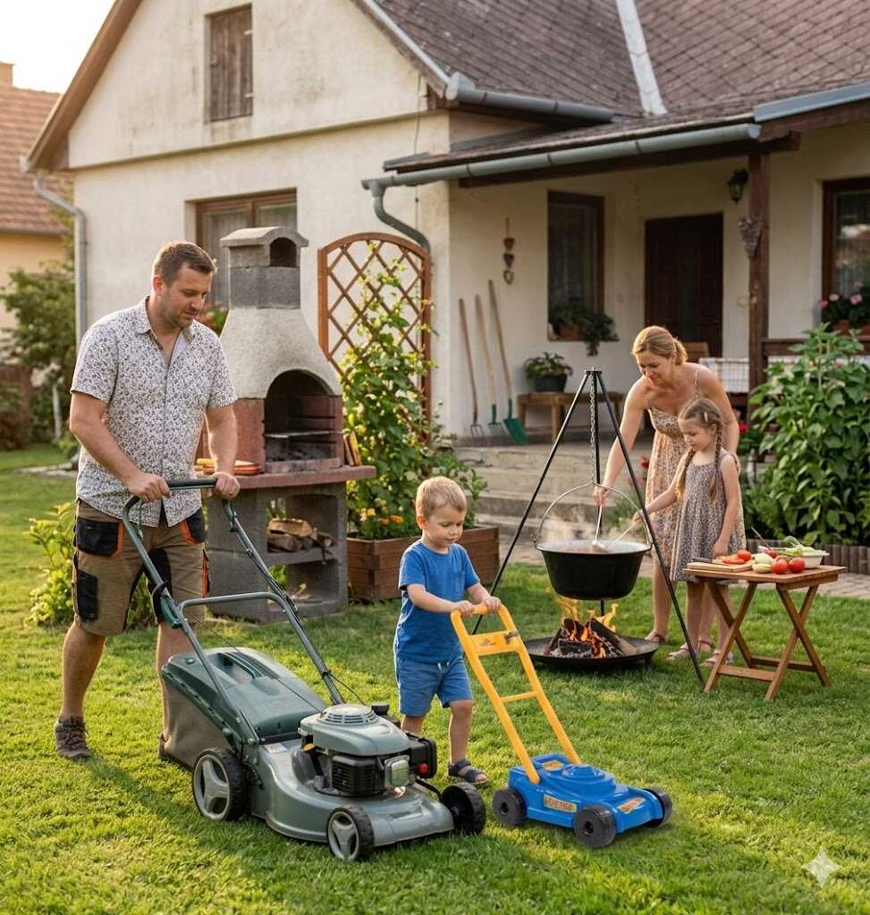 Kicsi kertész, nagy móka! Játék műanyag fűnyíró a vidám kertészkedéshez , kék