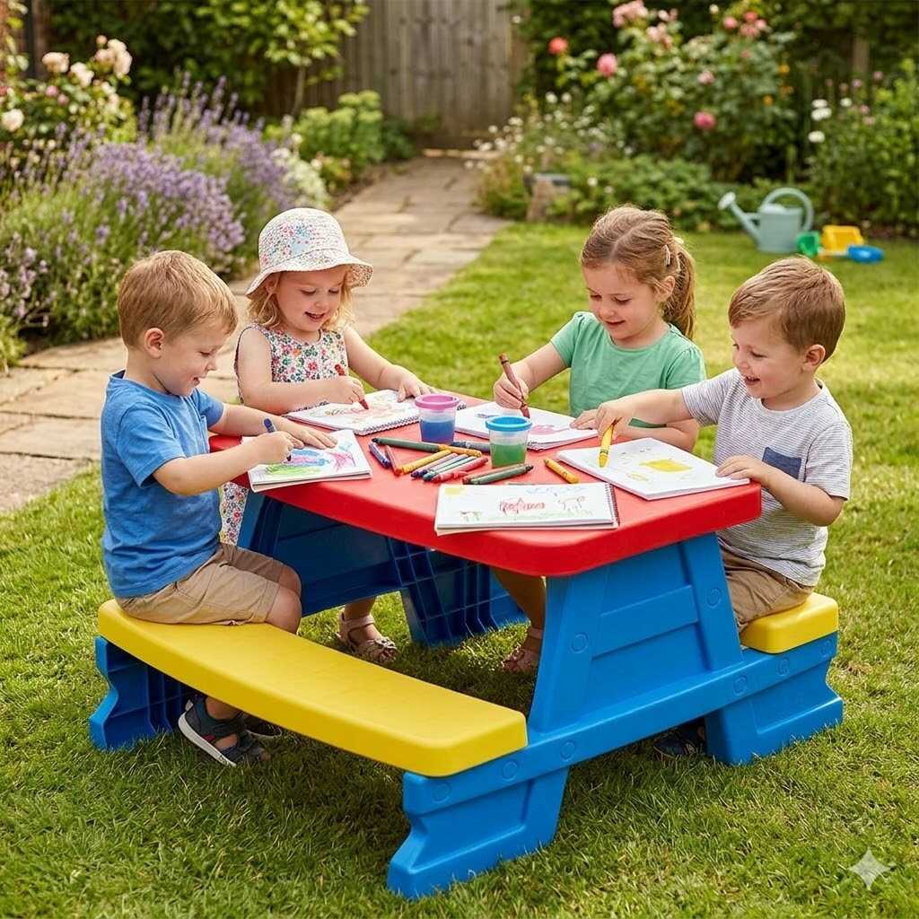 Kültéri,Beltéri műanyag gyermek piknik asztal két paddal 70×79×47 cm