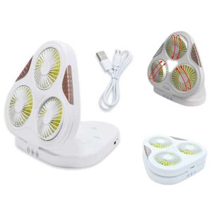 Hordozható Háromlapátos USB Ventilátor, Összecsukható, LED Világítás, Mobiltelefon Tartóval