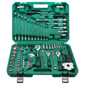 121 Részes autószerelő szerszámkészlet kofferban: (Dugókulcs, Racsnis kulcs, Imbus, Bit, Villáskulcs, csavarhúzó, Olajleszedő)