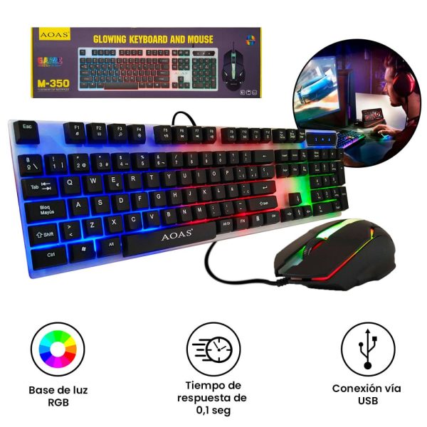 AOAS M-350 Gamer billentyűzet és egér, RGB világítással - Image 3