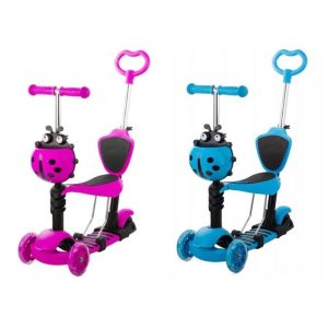 Gyerek 3 kerekű roller, totyogó robogó, futóbicikli,sétakocsi, 5 az 1-ben ,led kerekekkel , katicabogár kosárral, max 25kg , 2 féle színben