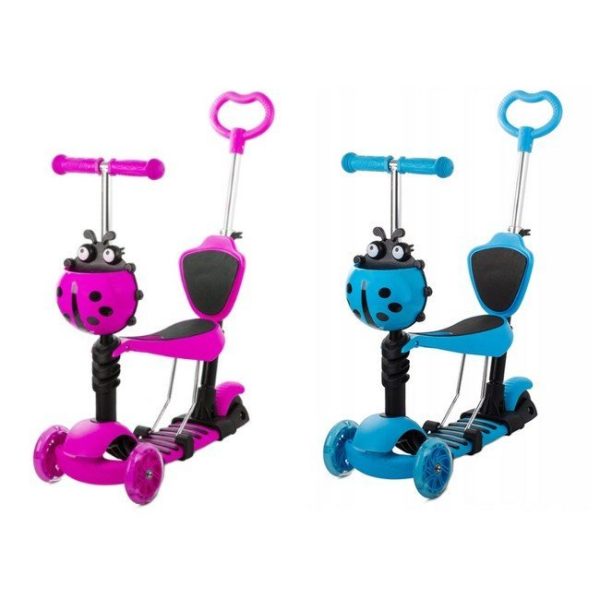 Gyerek 3 kerekű roller, totyogó robogó, futóbicikli,sétakocsi, 5 az 1-ben ,led kerekekkel , katicabogár kosárral, max 25kg , 2 féle színben