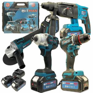 Hitman BACD-2458KR Akkumulátoros Szerszámgép Készlet, 62V – 4 az 1-ben: Ütvecsavarozó, Véső-Fúrókalapács, Ütvefúró-csavarbehajtó, Sarokcsiszoló