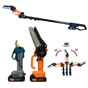 Clover City Magasággi ágvágó szett, Láncfűrész és Metszőolló teleszkópos hosszabító karral és 2db 48V akkuval