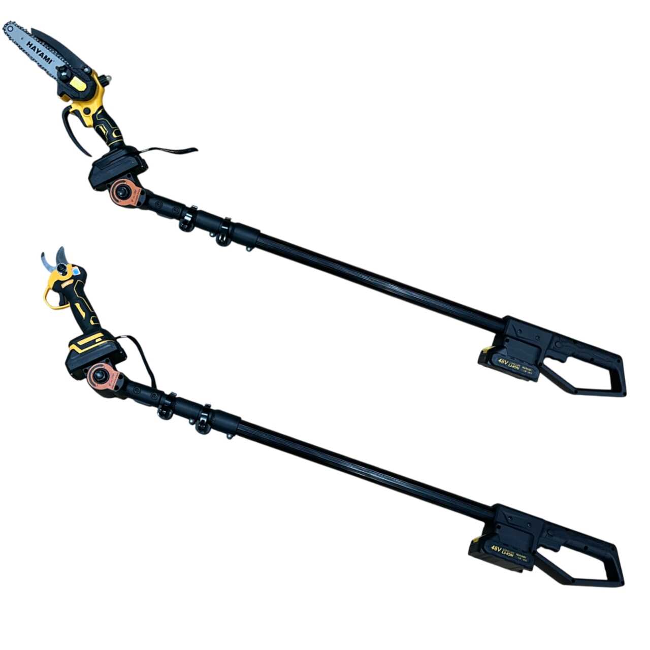 Hayami 1004-CC Magassági Ágvágó Szett, Láncfűrész és Metszőolló Teleszkópos hosszabító karral, 2db 48V akku - Image 2
