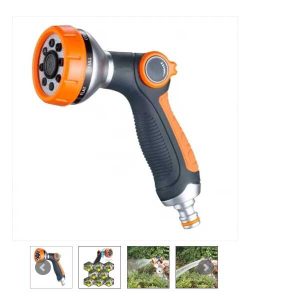 Tömlőfej/locsolófej, 8 féle locsolási móddal, hüvelyujj nyomószeleppel, Fekete/narancssárga