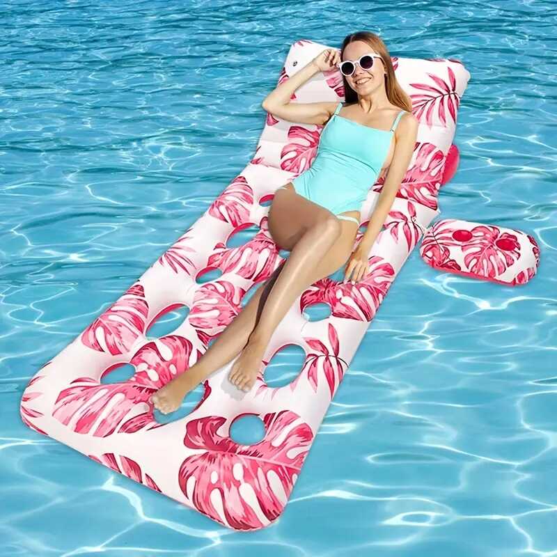 Lyukasztott Strandmatrac Italtartóval fejtámasszal trópusi mintázattal rózsaszín színben 200 cm - Image 2