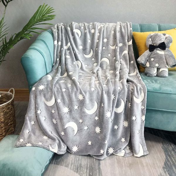 Sötétben világító pihe puha plüss takaró , csillag és hold mintázattal, 150×100 cm , szürke - Image 3