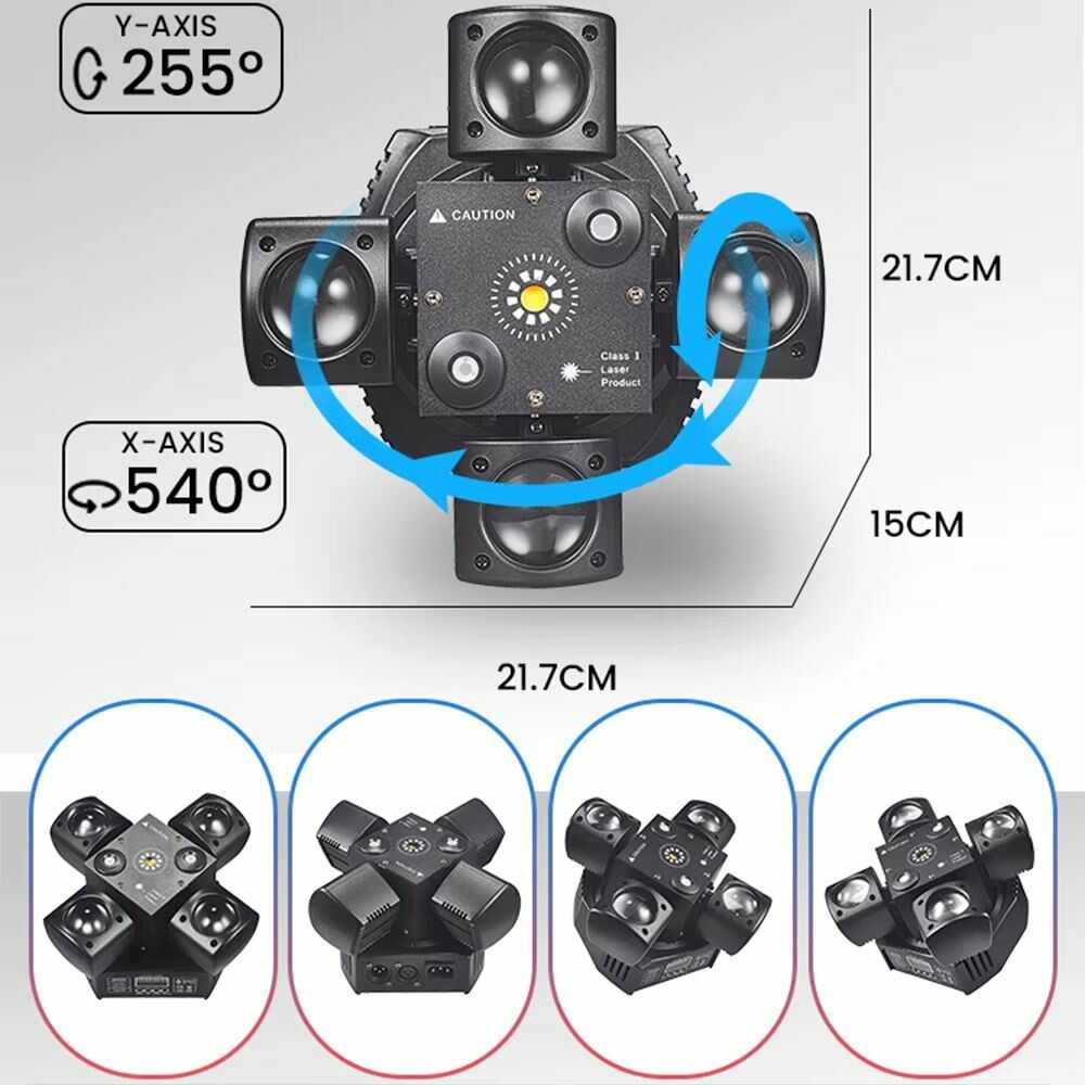 Lézeres-LED Diszkófény, Mozgófejes lézer, 4 Karos Effekttel, Stroboszkóppal, Távirányítóval, Hangefektes mód, 48W - Image 2