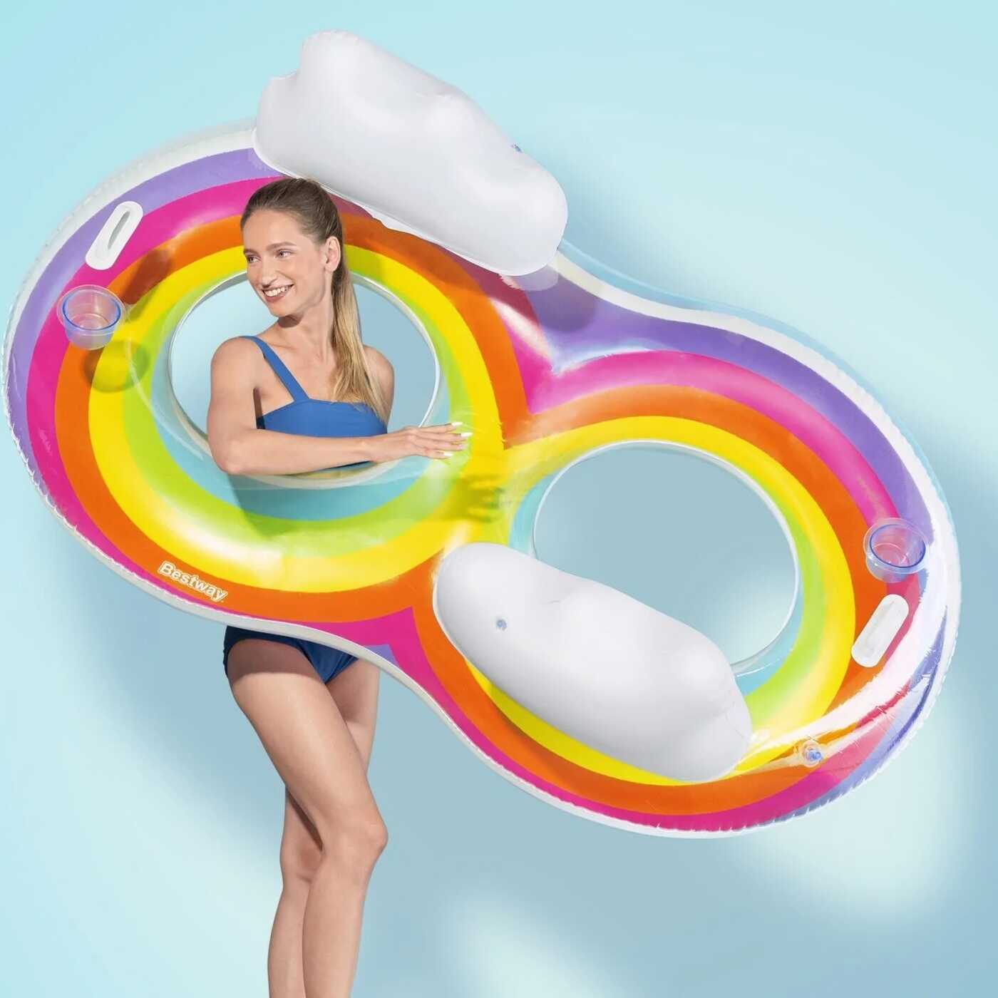 Óriás felfújható két személyes szivárvány úszógumi háttámlával és kapaszkodóval , 160 × 110 cm - Image 2