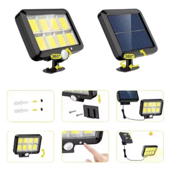Napelemes mozgásérzékelős LED reflektor (200W, 120 COB LED) Távirányítóval, állítható nappannel és 5m kábellel, IP65 vízálló - Image 4