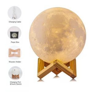 3D Hold Éjszakai lámpa 20cm, fa tartóval, távirínyítóval