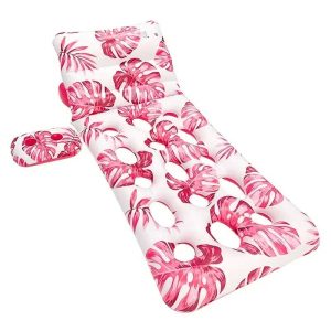 Lyukasztott Strandmatrac Italtartóval fejtámasszal trópusi mintázattal rózsaszín színben 200 cm