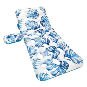 Lyukasztott Strandmatrac Italtartóval fejtámasszal trópusi mintázattal kék színben 200 cm