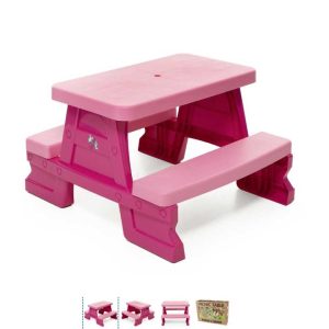 Kültéri , beltéri műanyag gyermek piknik asztal paddal , rózsaszín , 70 × 79 × 47 cm