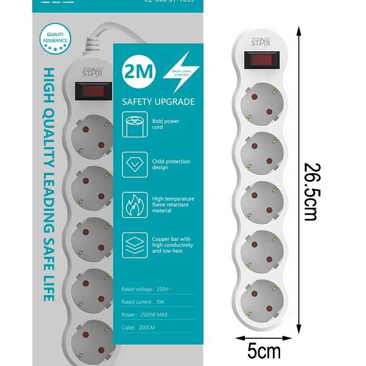 Winning Star ST-1035 Hálozati kapcsolós elosztó 5 aljzattal és 2 m kábel hosszal - Image 3