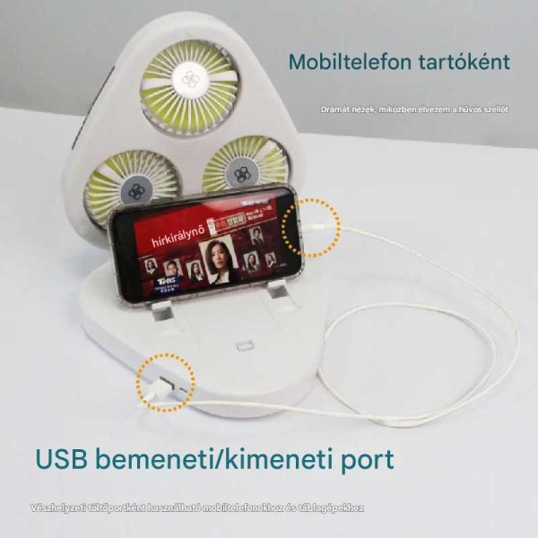 Hordozható Háromlapátos USB Ventilátor, Összecsukható, LED Világítás, Mobiltelefon Tartóval - Image 5