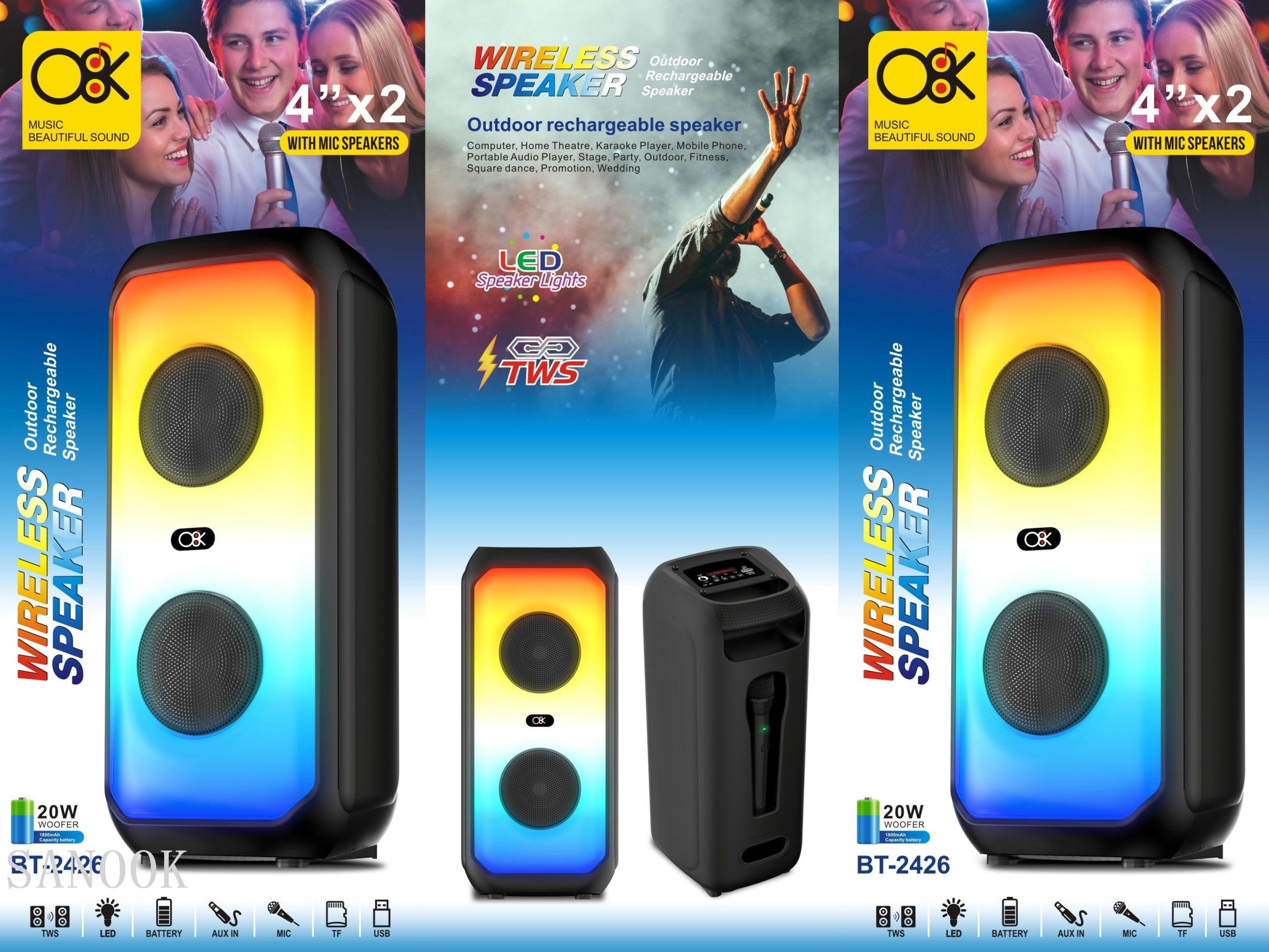 Akkumulátoros hordozható hangszóró mikrofonnal ,led fényvilágítással 20 W BT2426 - Image 3