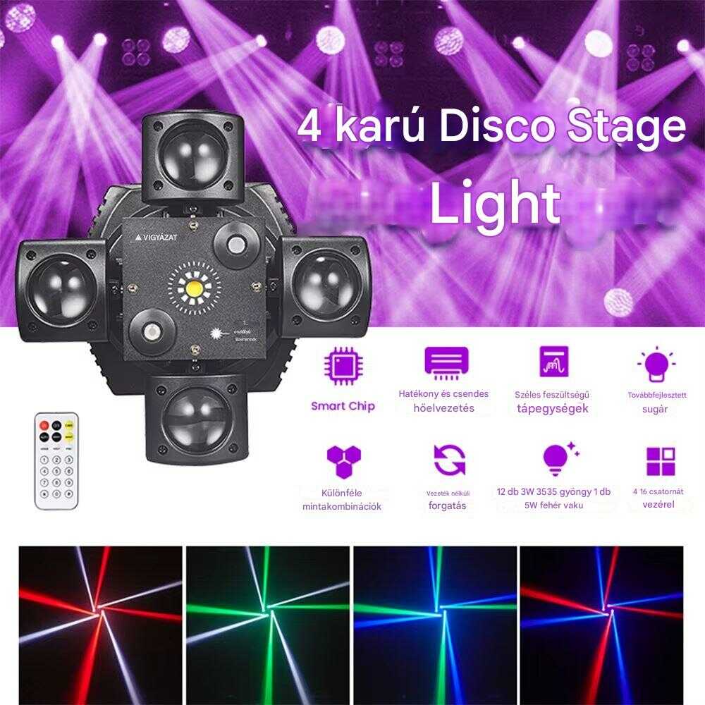 Lézeres-LED Diszkófény, Mozgófejes lézer, 4 Karos Effekttel, Stroboszkóppal, Távirányítóval, Hangefektes mód, 48W - Image 5
