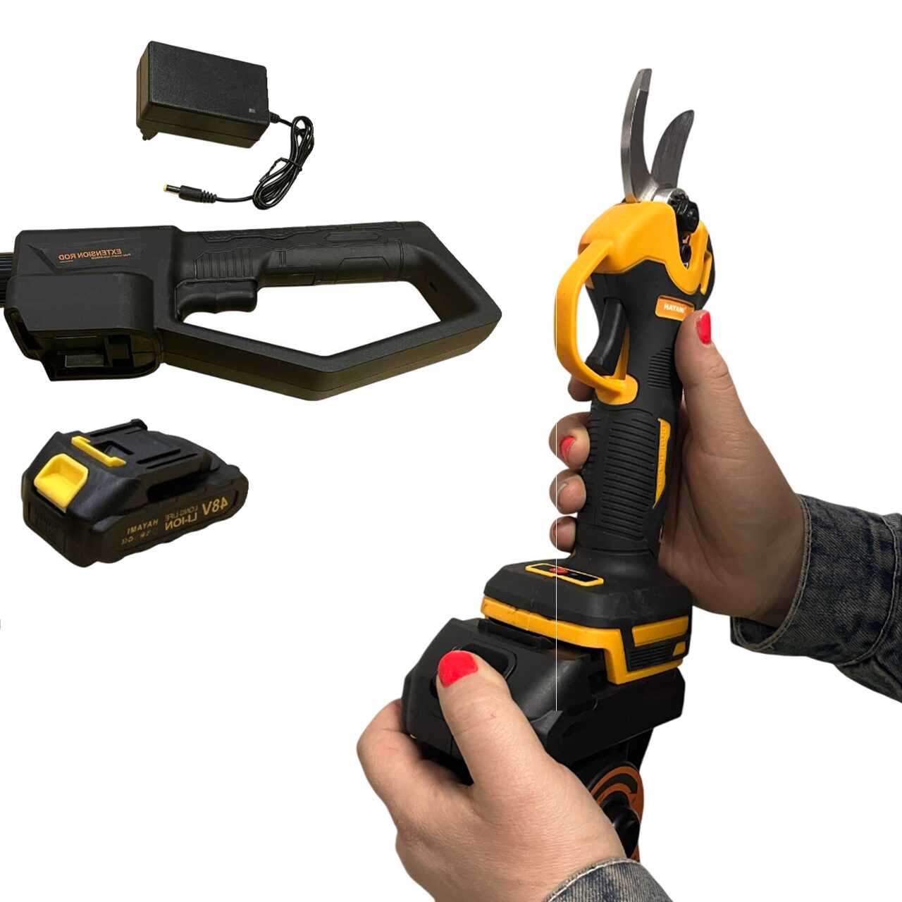 Hayami 1004-CC Magassági Ágvágó Szett, Láncfűrész és Metszőolló Teleszkópos hosszabító karral, 2db 48V akku - Image 6