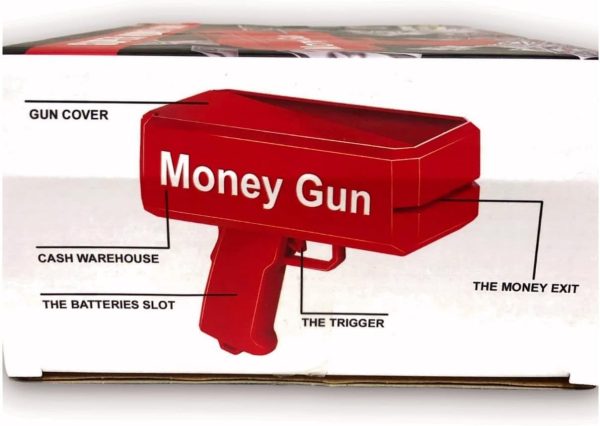 Money gun – piros színű elektromos pénzkilövő pisztoly 100 db játék bankjeggyel - Image 2
