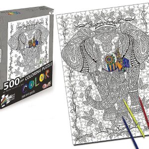 Színező puzzle, összeállítás és színezés, elefánt, 500 darab, 6 játékot tartalmaz, 70 x 50 cm,