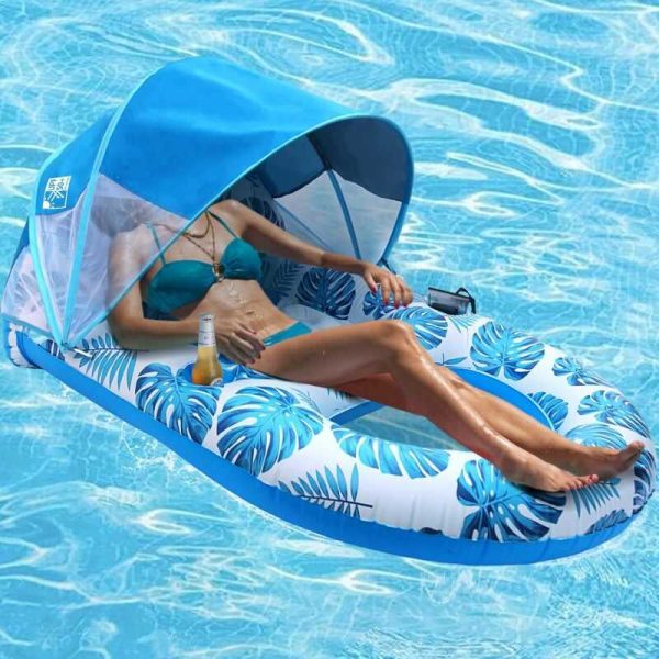 Állítható Napellenzős vízifotel 2db italtartóval trópusi mintával pihenőfotel kék 120 x 90 x 65 cm - Image 3