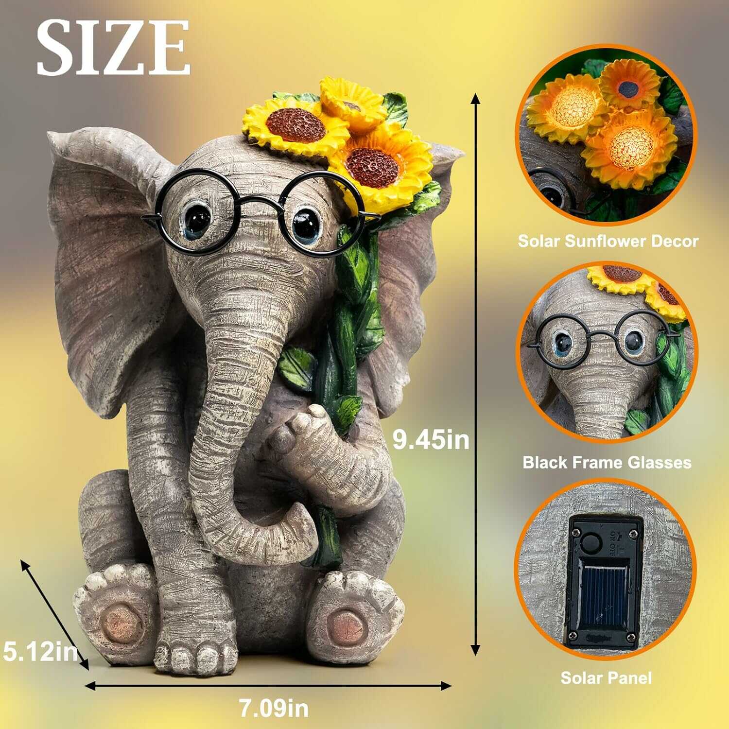 Vidám Elefánt Napelemes Kerti Dekorációs Lámpa - Napszemüveges Elefántvirággal 30cm - Image 2