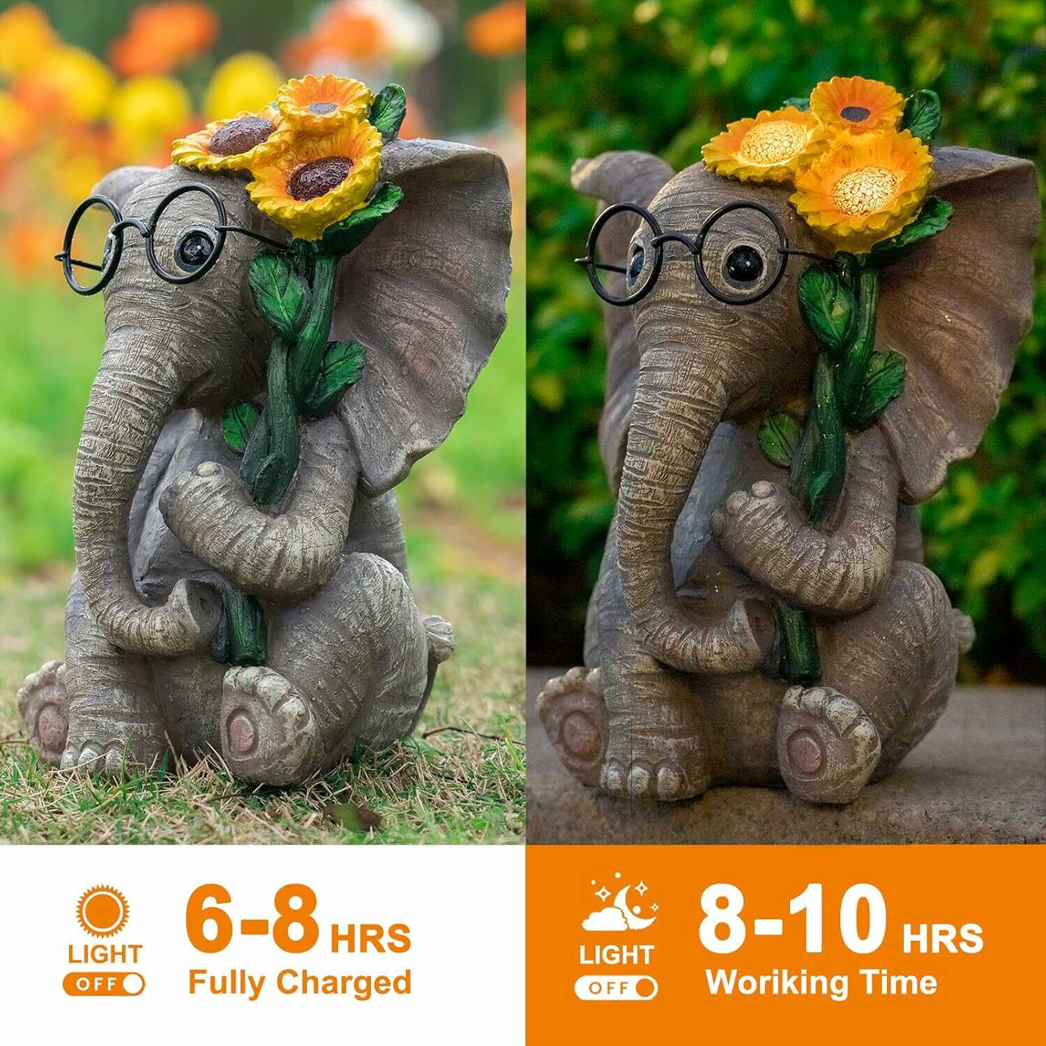 Vidám Elefánt Napelemes Kerti Dekorációs Lámpa - Napszemüveges Elefántvirággal 30cm - Image 3
