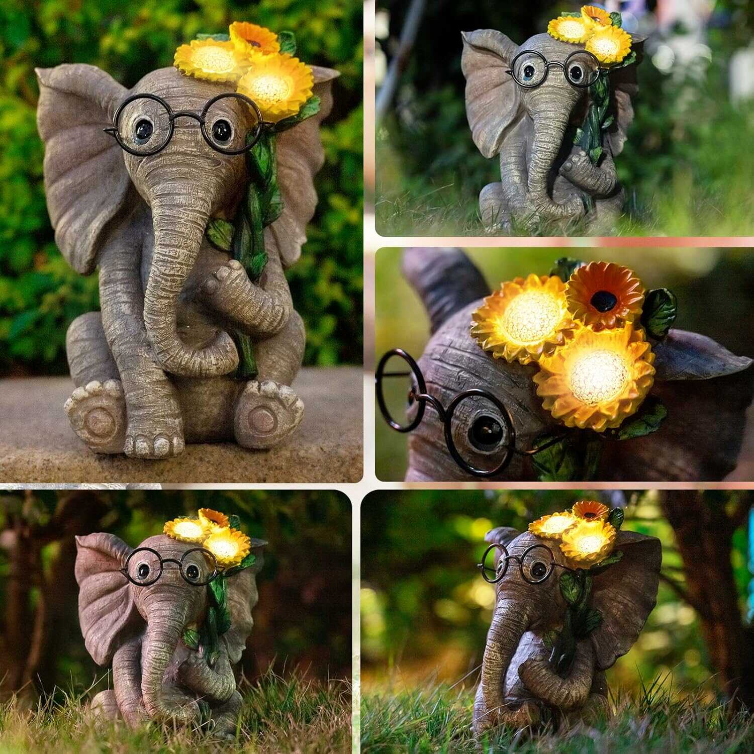 Vidám Elefánt Napelemes Kerti Dekorációs Lámpa - Napszemüveges Elefántvirággal 30cm - Image 4