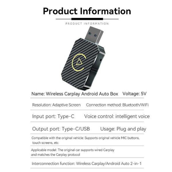 Vezeték Nélküli Autós Kapcsolat CarPlay & AndroidAuto alapú fejegységekhez, Bluetooth USB Adapter - Image 8