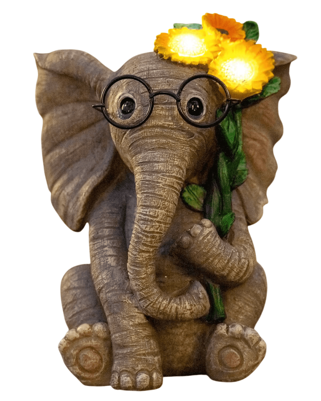 Vidám Elefánt Napelemes Kerti Dekorációs Lámpa - Napszemüveges Elefántvirággal 30cm