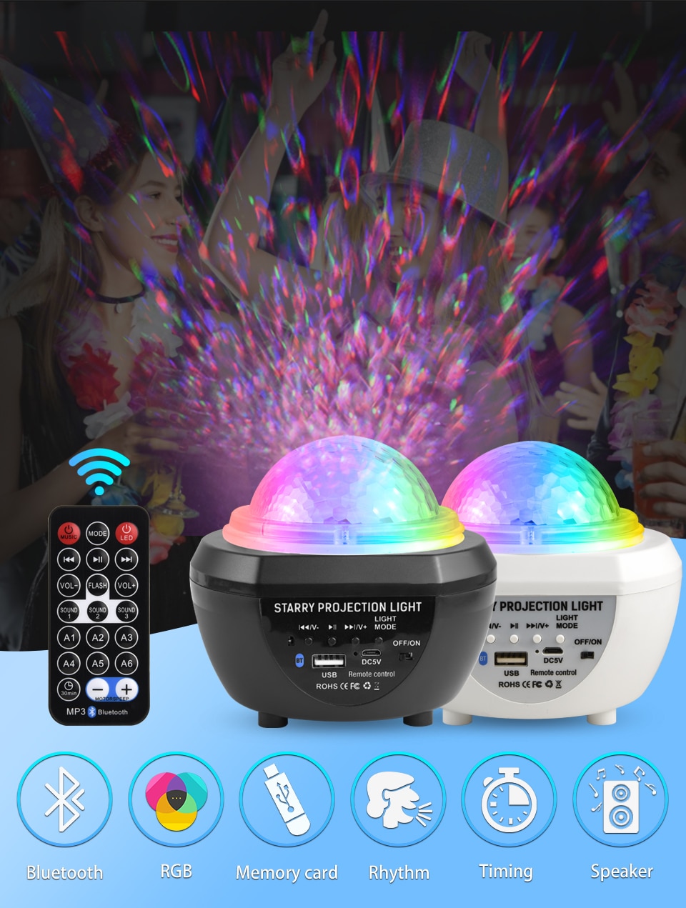 Led starry projektor light – éjszakai lámpa és hangszóró, disco éjjeli fény