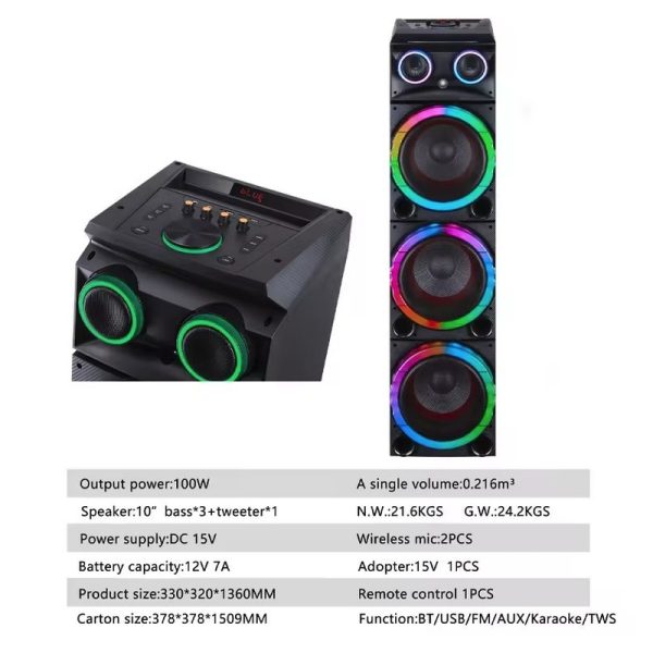 HS-TD10V3 Vezeték nélküli hangszóró, 3x10" basszus és egy magassugárzó, BT/USB/TF/FM/AUX/Karaoke/TWS - Image 2