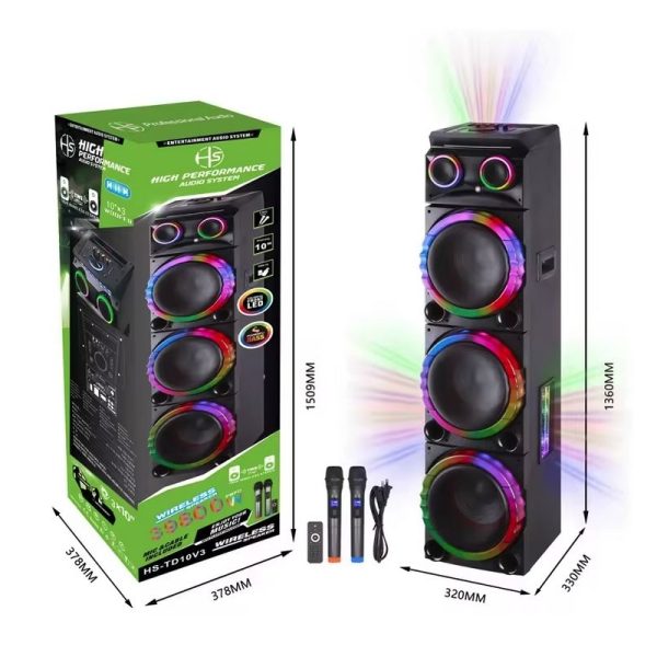 HS-TD10V3 Vezeték nélküli hangszóró, 3x10" basszus és egy magassugárzó, BT/USB/TF/FM/AUX/Karaoke/TWS - Image 3