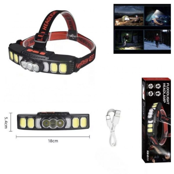 HX-811S Fejlámpa, 3 LED + 4 COB + 2 piros-kék, USB töltéssel - Image 2