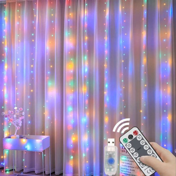 LED fényfüggöny/ drótfüzér távírányítóval, függönyre akasztható, Színes 3x2 méter