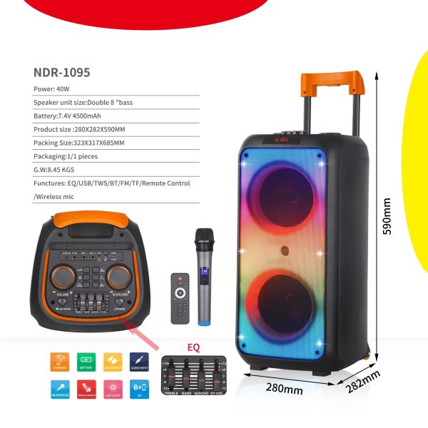NDR-1095 Vezeték nélküli, hordozható hangszóró, TWS, FM, BT, Távirányító, 40W, 100HZ-20KHZ - Image 2