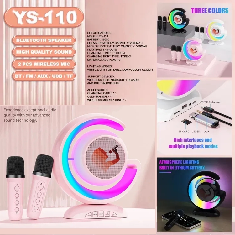 Vezeték nélküli hangszóró fénysóval és 2 DB vezeték nélküli mikrofonnal, Rózsaszín - Image 4