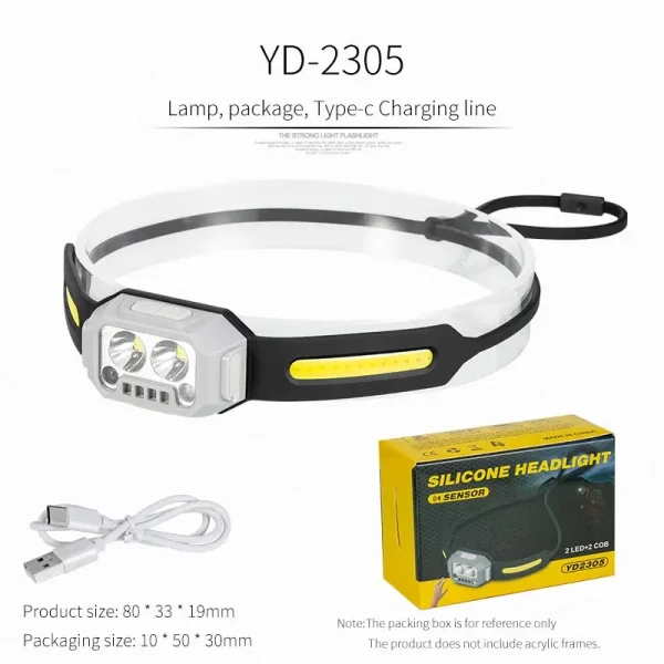 YD2305 Szilikon fejlámpa 2LED + 2COB, USB-C töltéssel - Image 5