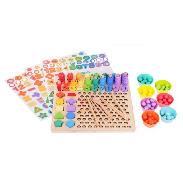 Kreatív Játékvilág 6 az 1-ben Fa Játékkészlet horgászat, golyórendezés, számolás, formaválogató csipeszekkel - Image 4