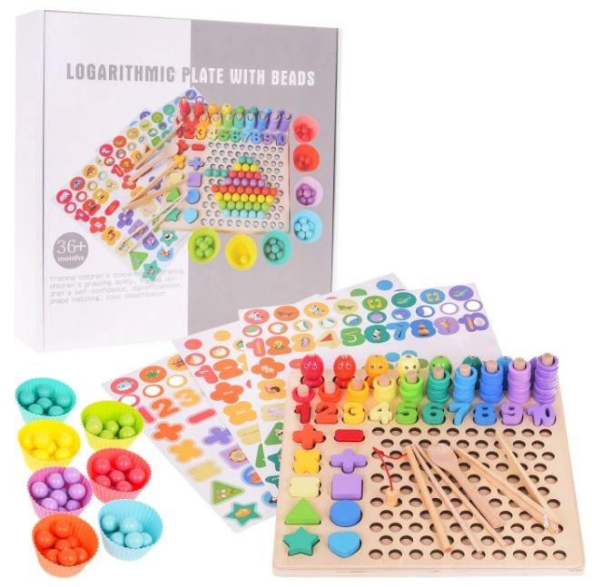 Kreatív Játékvilág 6 az 1-ben Fa Játékkészlet horgászat, golyórendezés, számolás, formaválogató csipeszekkel - Image 3