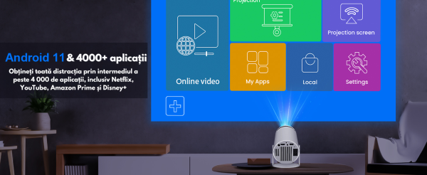Intelligens 4k videoprojektor játékkonzollal, VSM, Android TV 11.0, távirányító, WiFi 6, Bluetooth 5.0, 130 hüvelykes vetítővászon, automatikus képkorrekció, négymagos, 280 ANSI, beépített hangszóró, HDMI, USB, fehér - Image 18