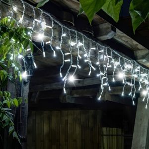 Karácsonyi jégcsap fényfüzér 19+1,5 méter fehér kábel, 500 LED, toldható, Hideg fehér, IP44