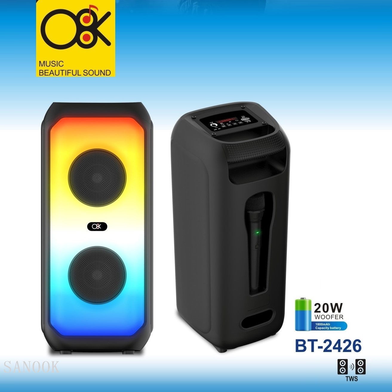 Akkumulátoros hordozható hangszóró mikrofonnal ,led fényvilágítással 20 W BT2426 - Image 4