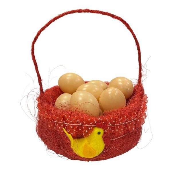 Piros szálkosár csirke díszítéssel, Húsvéti tojásgyűjtő kosárka 17 cm ⌀ - Image 2