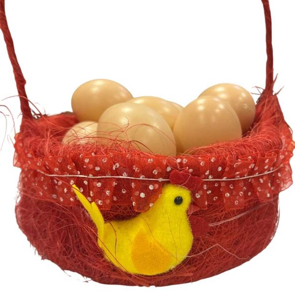 Piros szálkosár csirke díszítéssel, Húsvéti tojásgyűjtő kosárka 17 cm ⌀ - Image 3